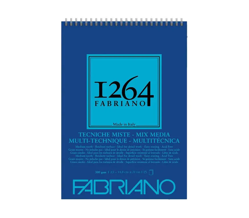 Fabriano 1264 Mix Media Çok Amaçlı Defter 300 gr A5 15 yp Üstten Spiralli