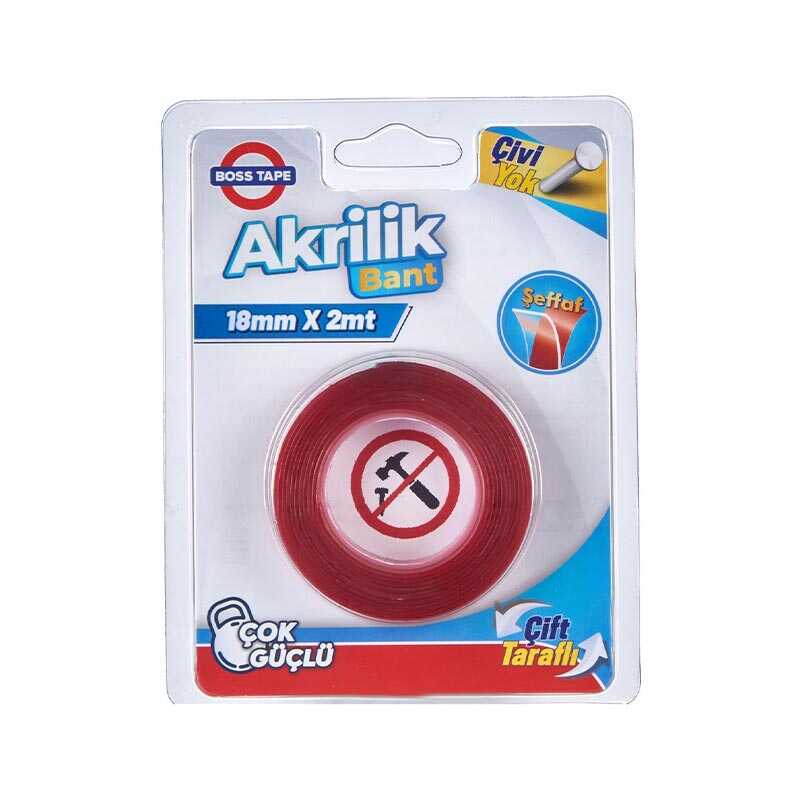 Boss Tape Çift Taraflı Akrilik Silikon Bant 18 mm x 2 m Şeffaf Kırmızı